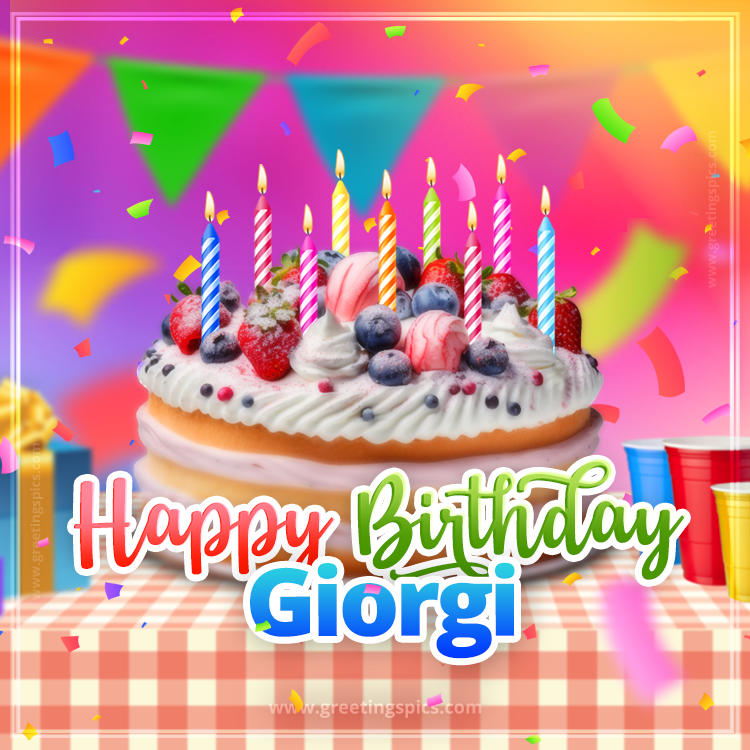 Happy Birthday Giorgi Colorful Image with fruit cake and candles (square shape image)