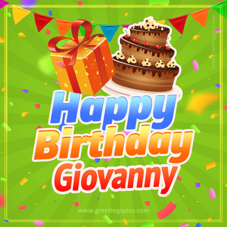 Happy Birthday Giovanny picture with flags, chocolate cake and gift box (square shape image)