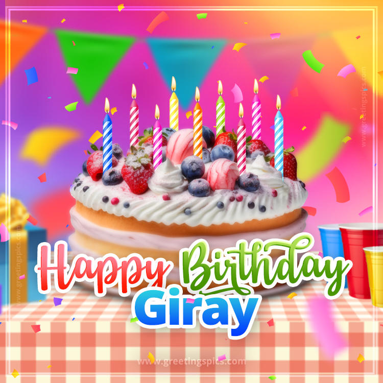 Happy Birthday Giray Colorful Image with fruit cake and candles (square shape image)