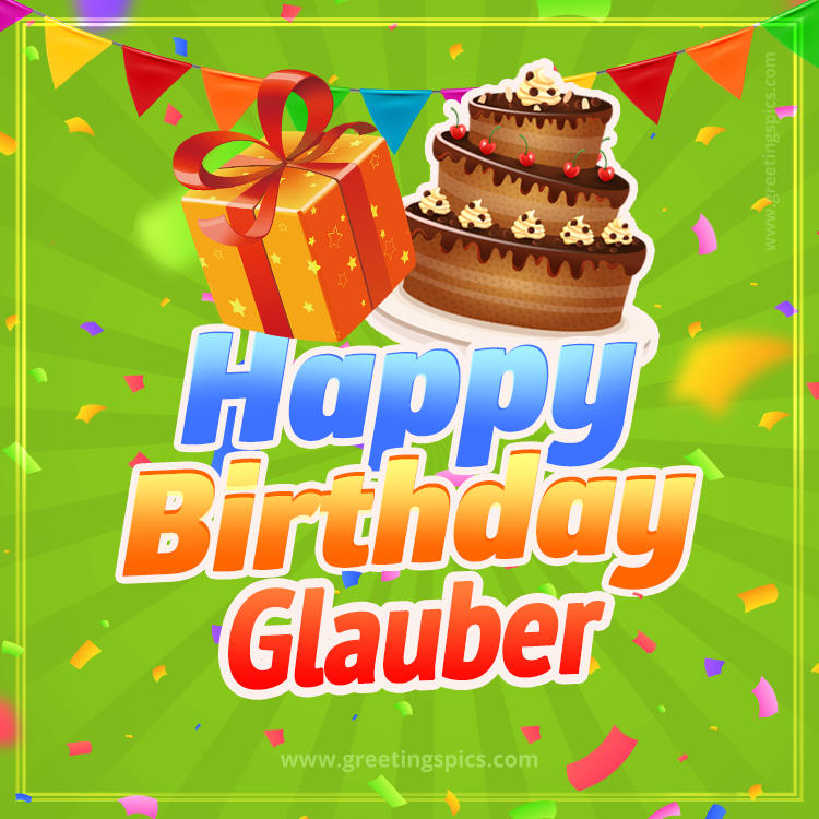 Happy Birthday Glauber picture with flags, chocolate cake and gift box (square shape image)