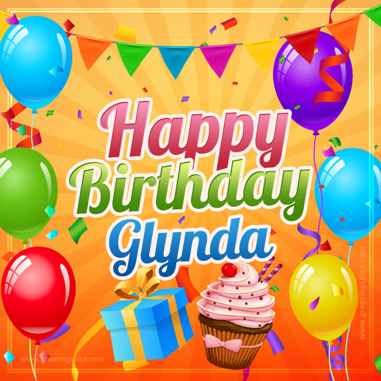 Happy Birthday Glynda eCard with gift box and cupcake (square shape image)