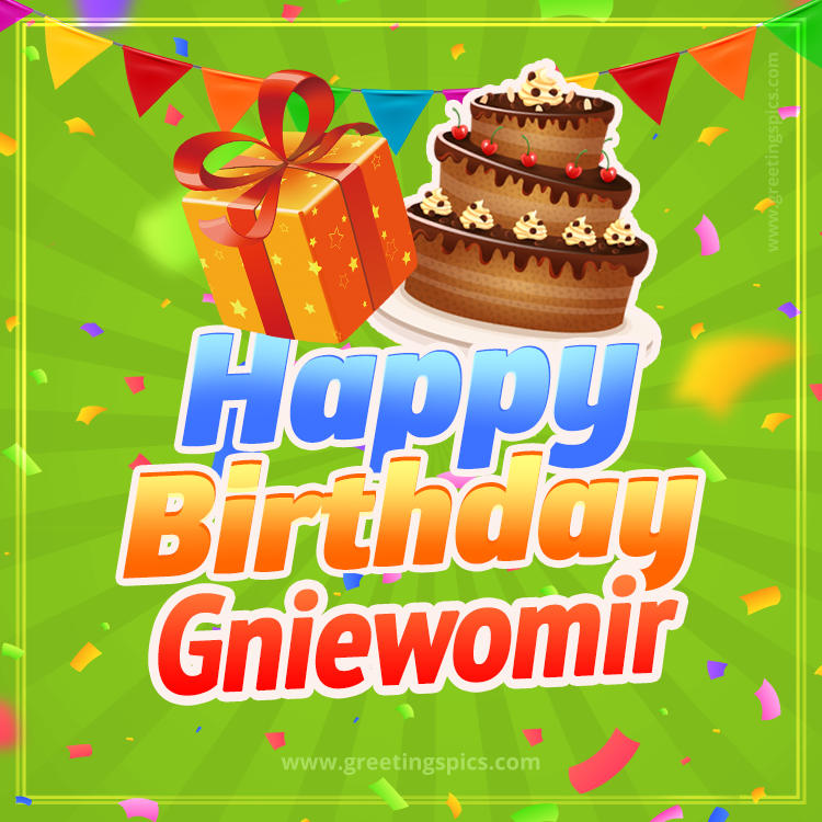 Happy Birthday Gniewomir picture with flags, chocolate cake and gift box (square shape image)