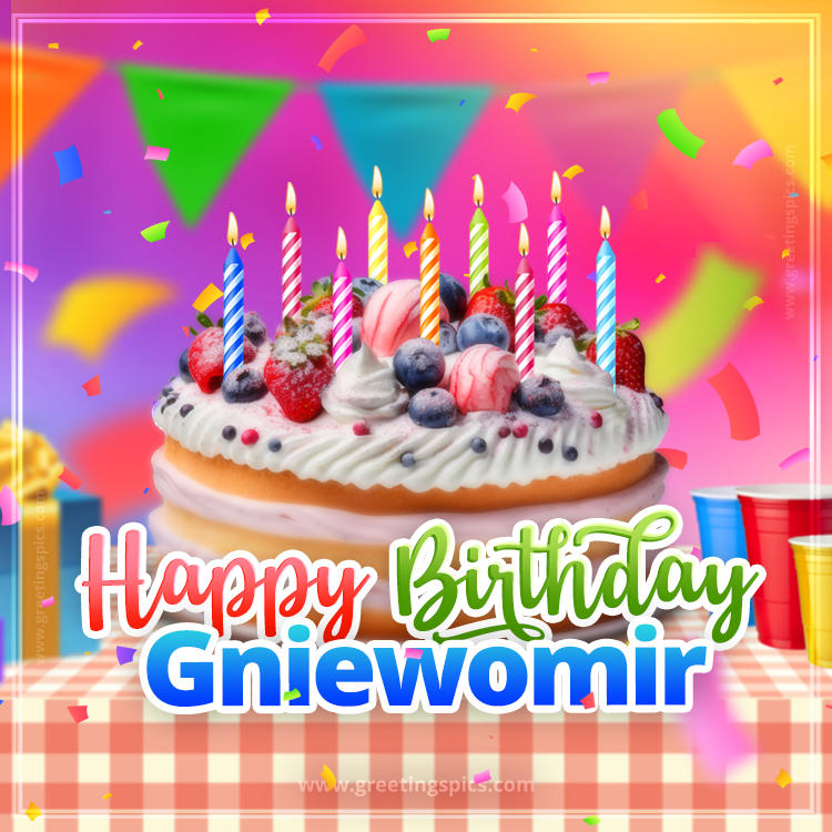 Happy Birthday Gniewomir Colorful Image with fruit cake and candles (square shape image)