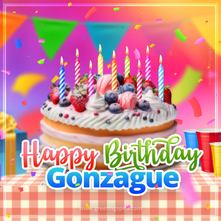 Happy Birthday Gonzague Colorful Image with fruit cake and candles (square shape image)