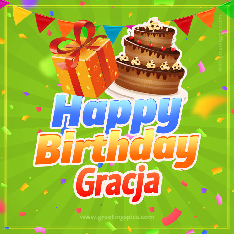 Happy Birthday Gracja picture with flags, chocolate cake and gift box (square shape image)