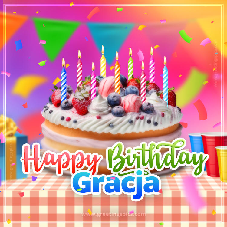 Happy Birthday Gracja Colorful Image with fruit cake and candles (square shape image)