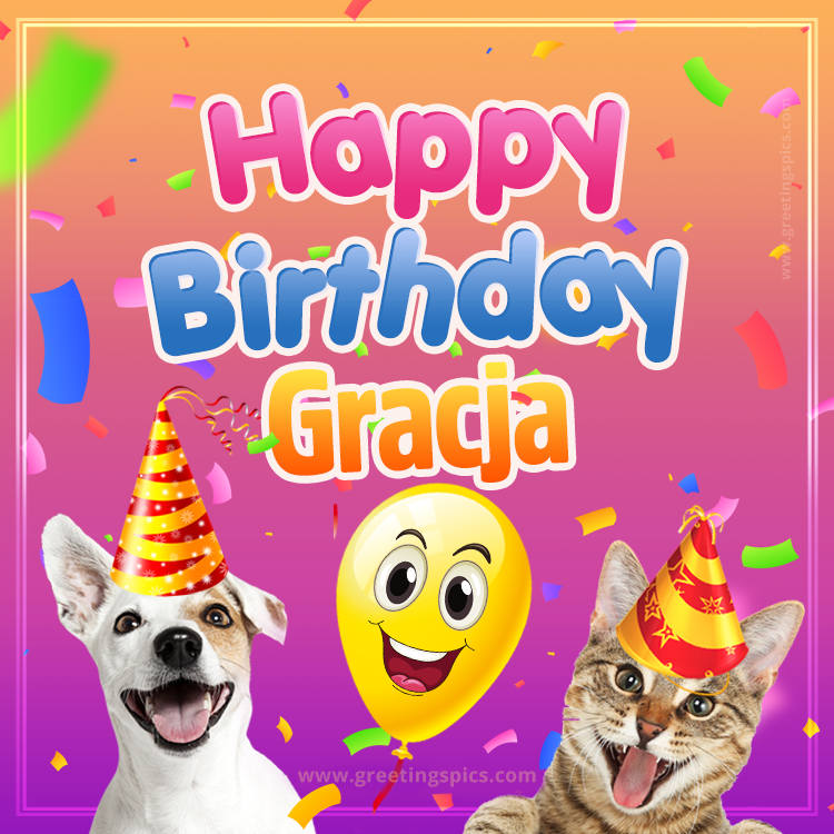 Happy Birthday Gracja Funny Image with cat and dog (square shape image)