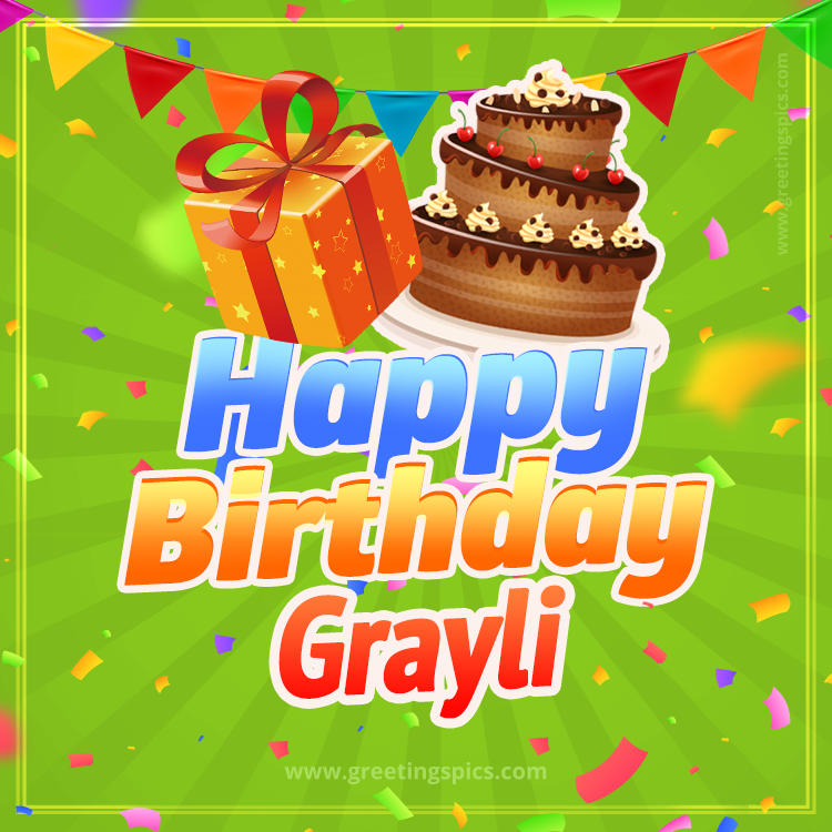 Happy Birthday Grayli picture with flags, chocolate cake and gift box (square shape image)