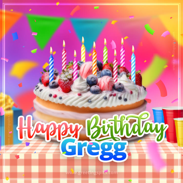 Happy Birthday Gregg Colorful Image with fruit cake and candles (square shape image)