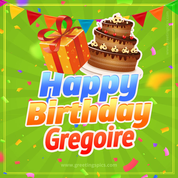 Happy Birthday Gregoire picture with flags, chocolate cake and gift box (square shape image)