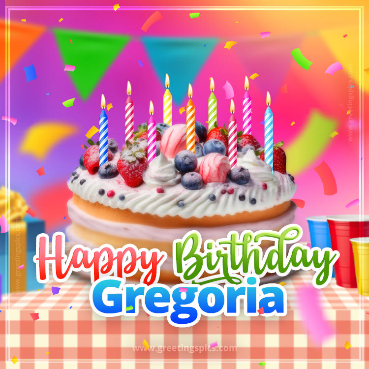 Happy Birthday Gregoria Colorful Image with fruit cake and candles (square shape image)