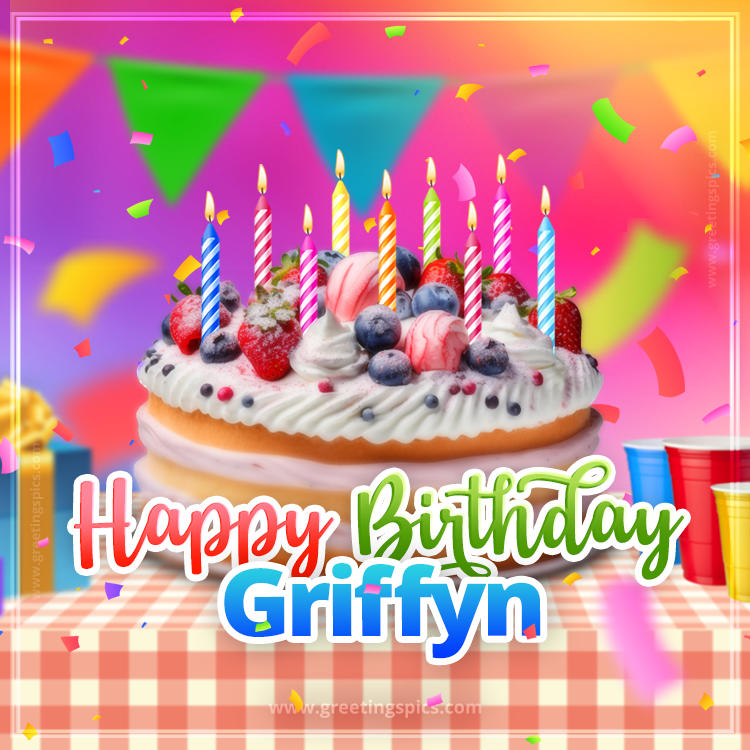 Happy Birthday Griffyn Colorful Image with fruit cake and candles (square shape image)