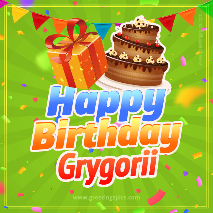 Happy Birthday Grygorii picture with flags, chocolate cake and gift box (square shape image)