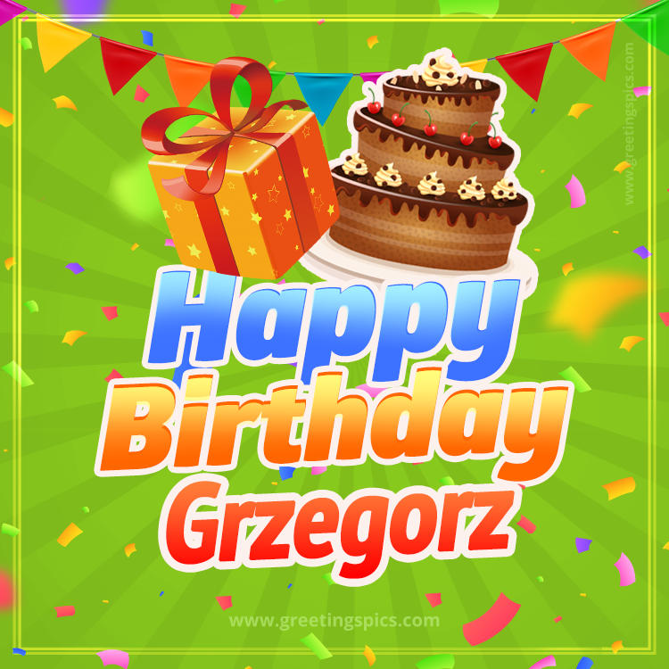 Happy Birthday Grzegorz picture with flags, chocolate cake and gift box (square shape image)