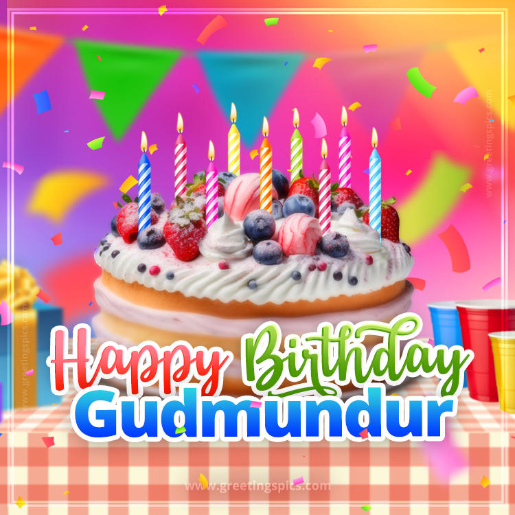 Happy Birthday Gudmundur Colorful Image with fruit cake and candles (square shape image)