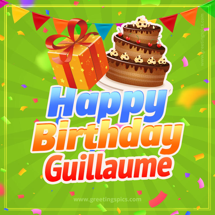 Happy Birthday Guillaume picture with flags, chocolate cake and gift box (square shape image)