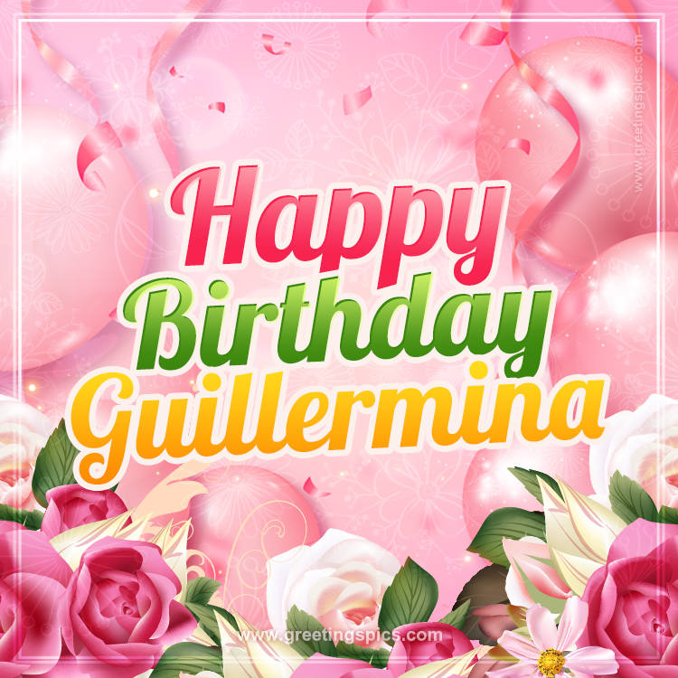 Image with gentle pink background and flowers Happy Birthday Guillermina (square shape image)