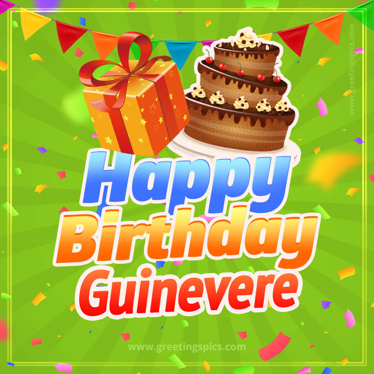 Happy Birthday Guinevere picture with flags, chocolate cake and gift box (square shape image)