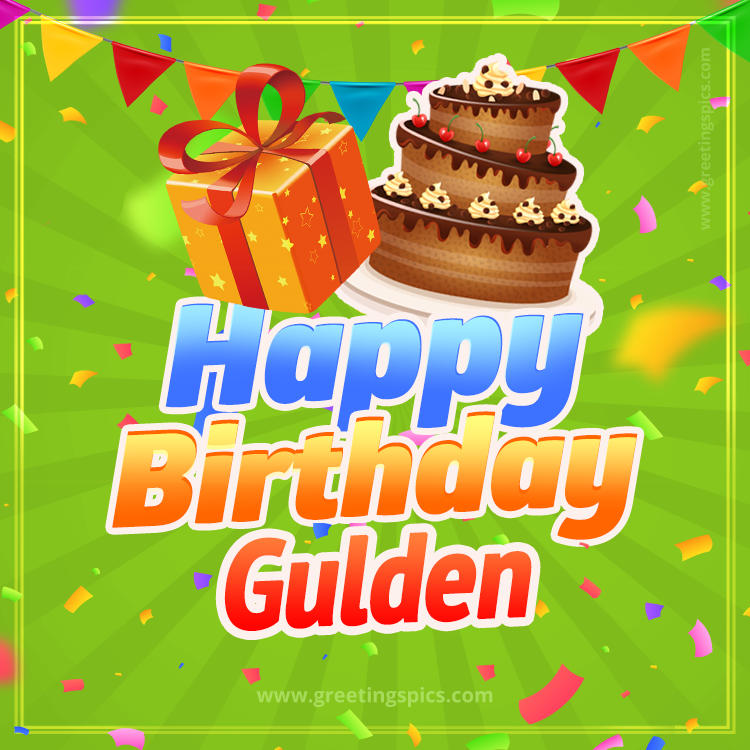 Happy Birthday Gulden picture with flags, chocolate cake and gift box (square shape image)