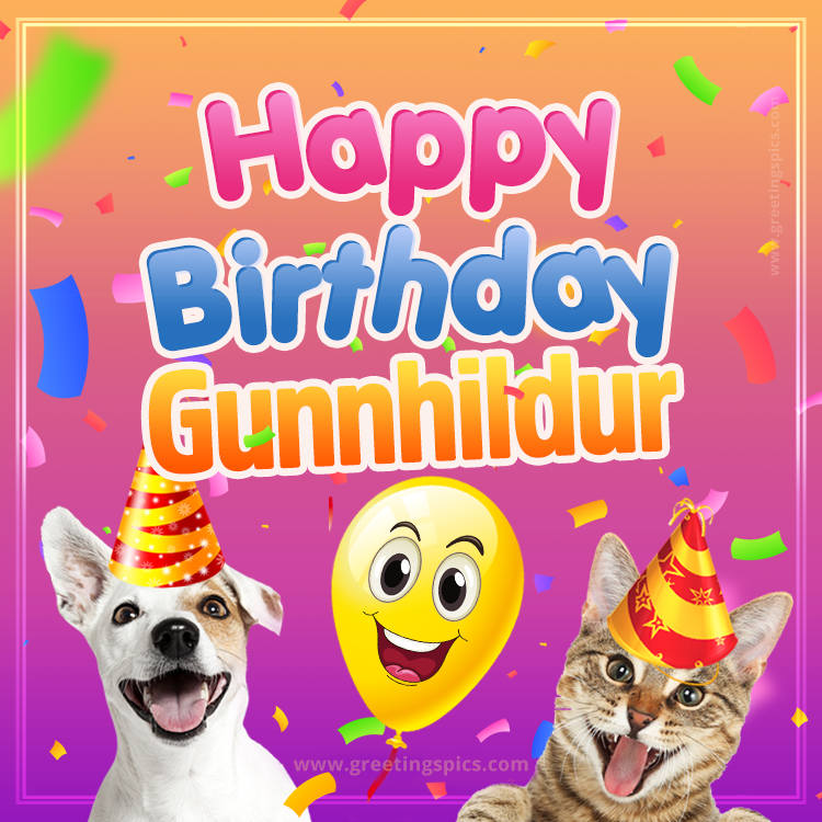 Happy Birthday Gunnhildur Funny Image with cat and dog (square shape image)