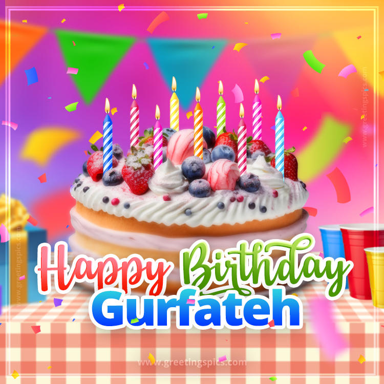 Happy Birthday Gurfateh Colorful Image with fruit cake and candles (square shape image)