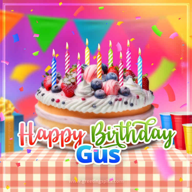 Happy Birthday Gus Colorful Image with fruit cake and candles (square shape image)