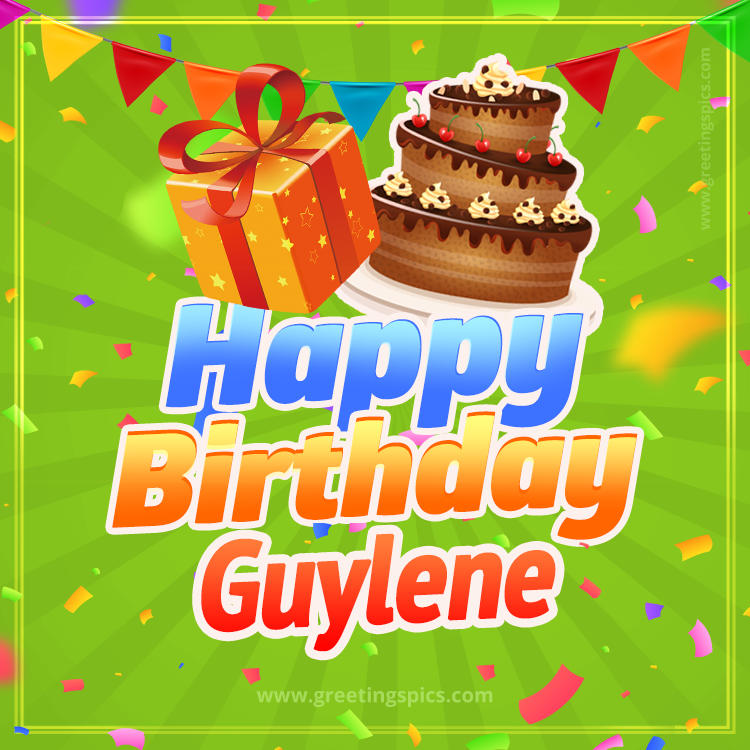 Happy Birthday Guylene picture with flags, chocolate cake and gift box (square shape image)