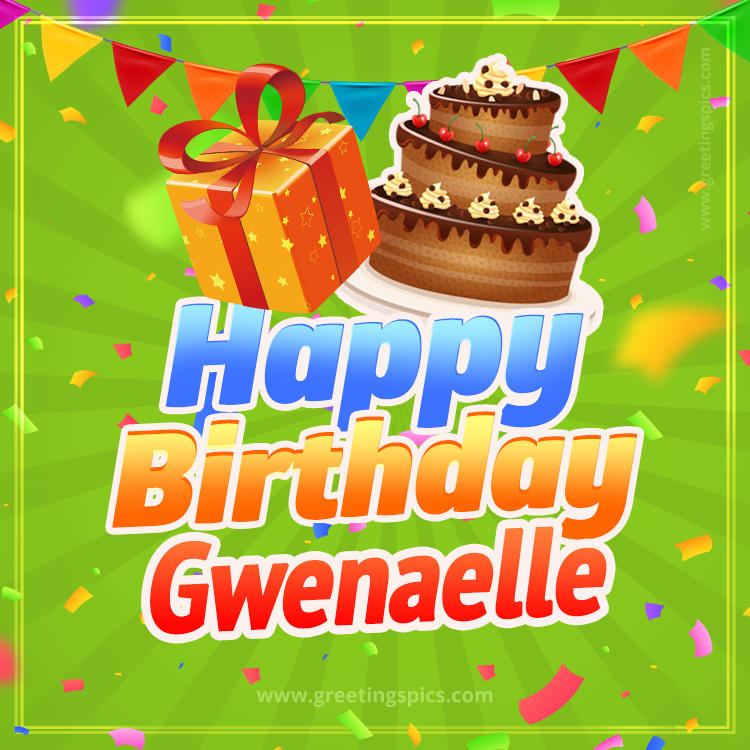 Happy Birthday Gwenaelle picture with flags, chocolate cake and gift box (square shape image)