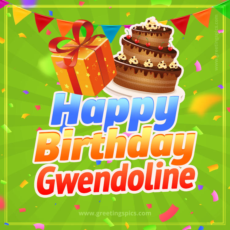 Happy Birthday Gwendoline picture with flags, chocolate cake and gift box (square shape image)