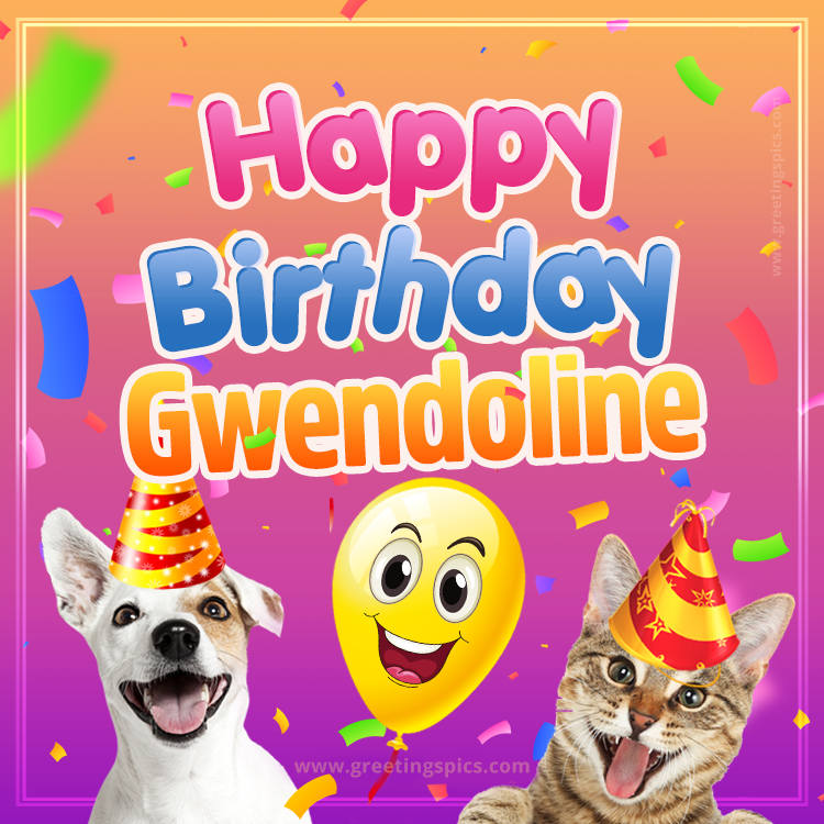 Happy Birthday Gwendoline Funny Image with cat and dog (square shape image)