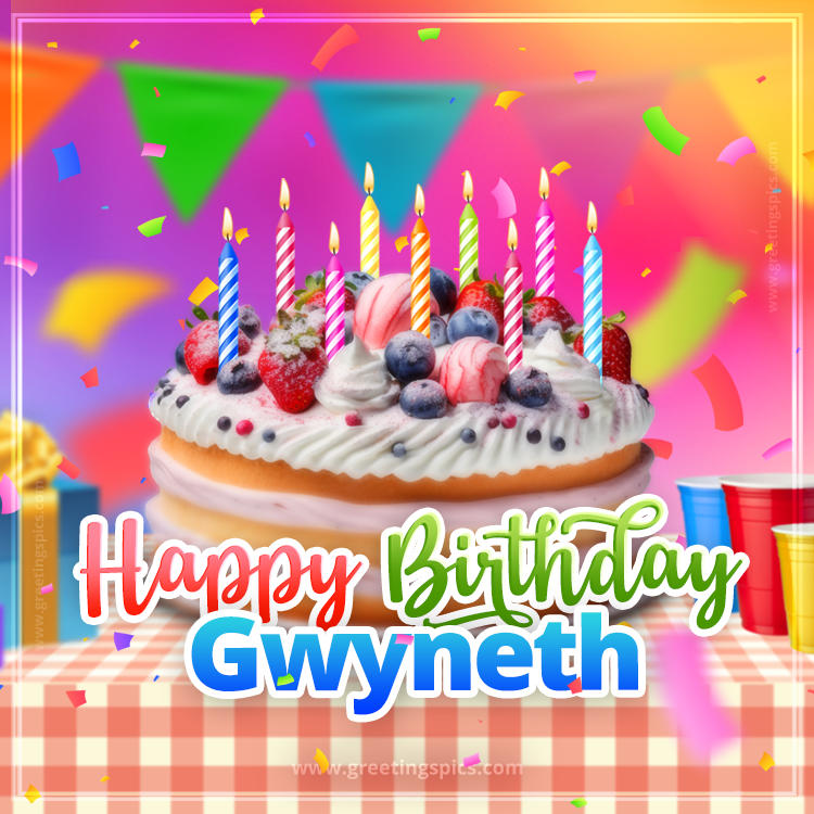 Happy Birthday Gwyneth Colorful Image with fruit cake and candles (square shape image)