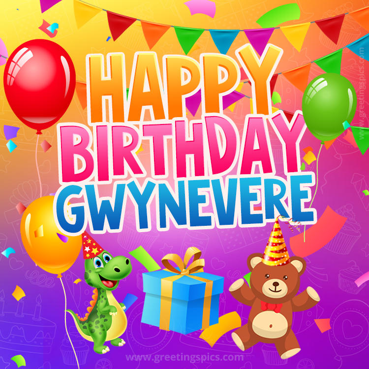 Happy Birthday Gwynevere Image for a child with cute dinosaur and bear (square shape image)