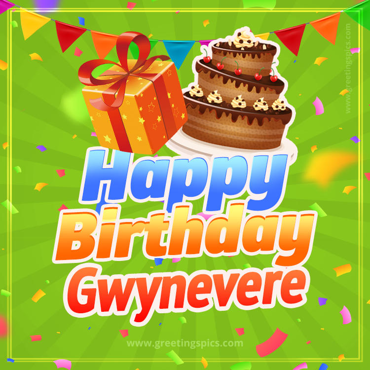 Happy Birthday Gwynevere picture with flags, chocolate cake and gift box (square shape image)