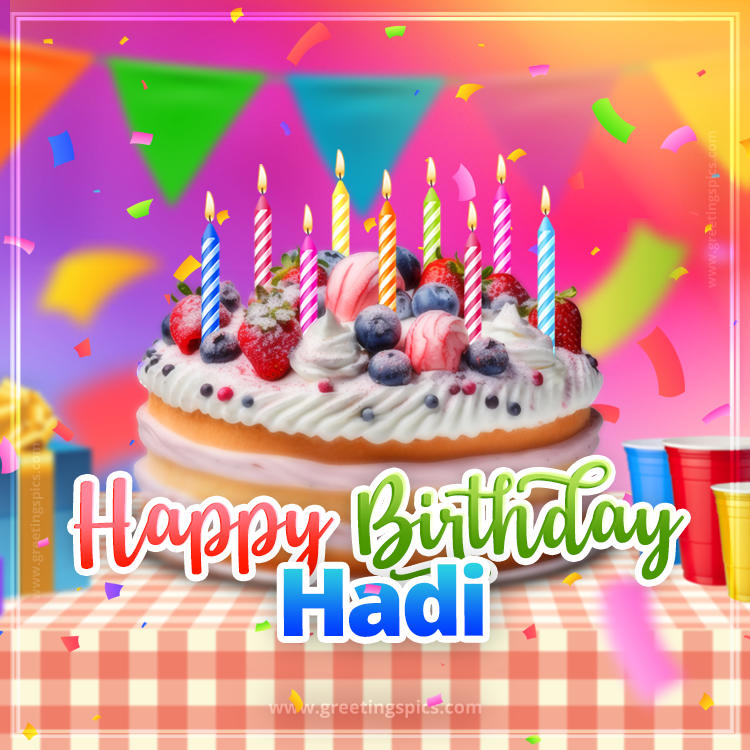 Happy Birthday Hadi Colorful Image with fruit cake and candles (square shape image)