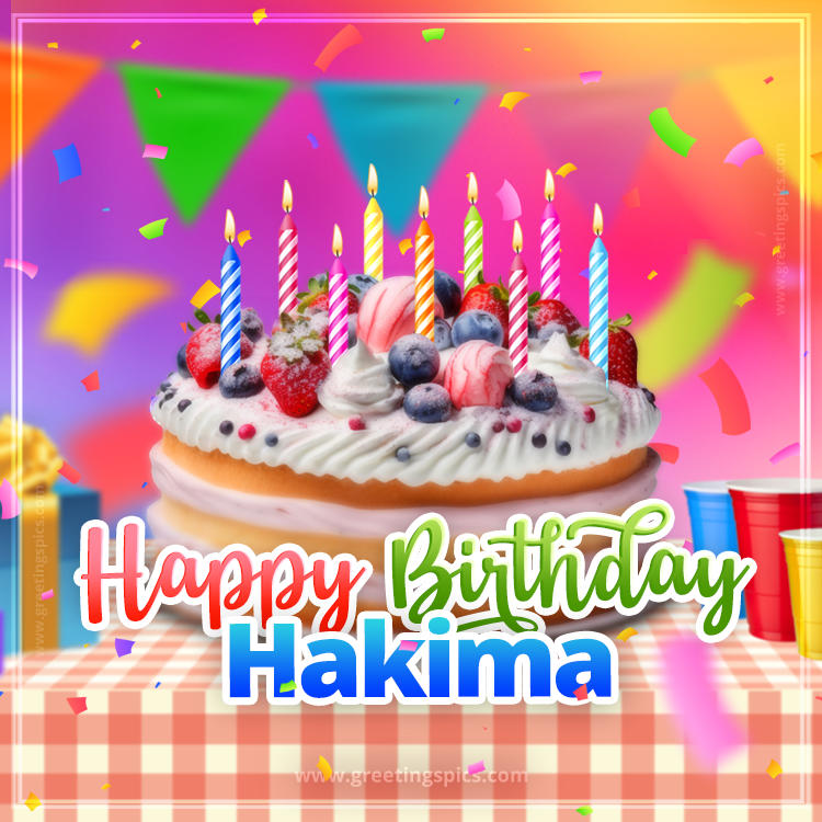 Happy Birthday Hakima Colorful Image with fruit cake and candles (square shape image)