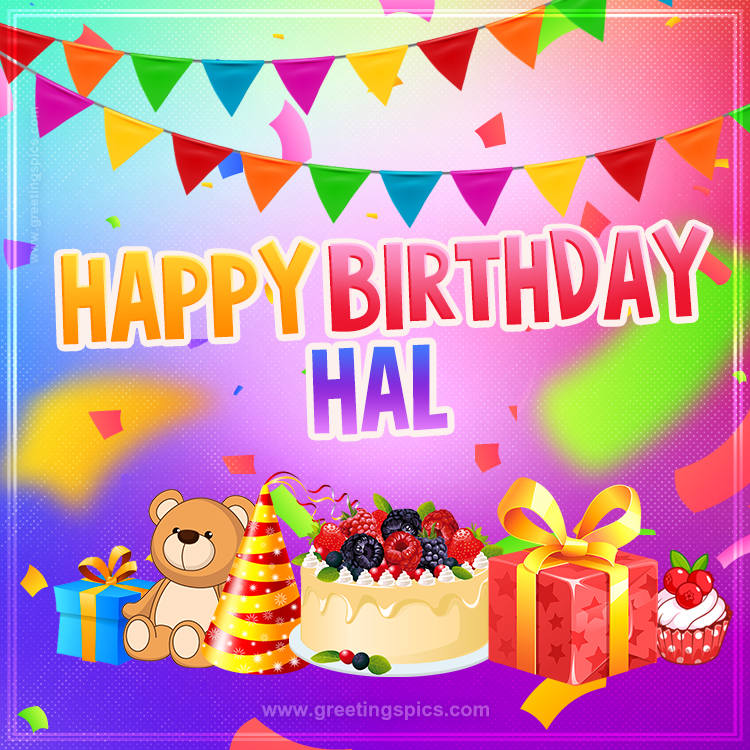 Bright card with Wishes for a Happy Birthday for Hal (square shape image)