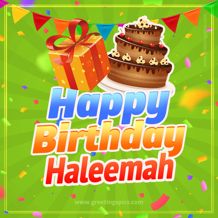 Happy Birthday Haleemah picture with flags, chocolate cake and gift box (square shape image)