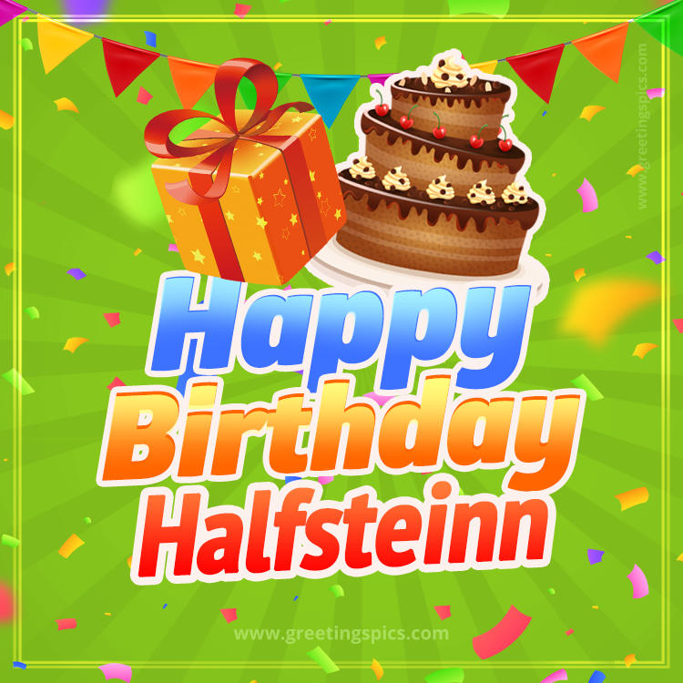 Happy Birthday Halfsteinn picture with flags, chocolate cake and gift box (square shape image)