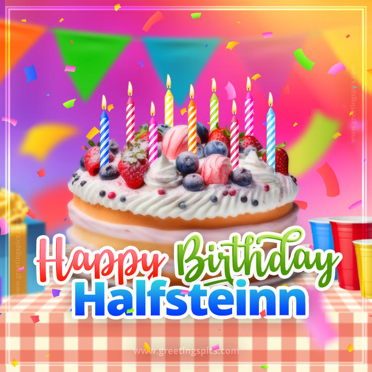 Happy Birthday Halfsteinn Colorful Image with fruit cake and candles (square shape image)