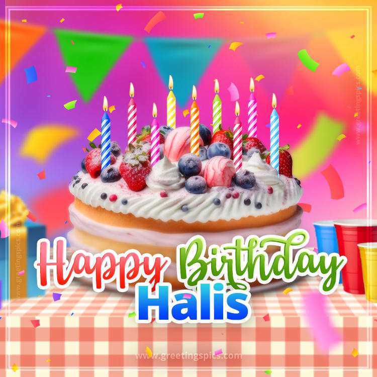 Happy Birthday Halis Colorful Image with fruit cake and candles (square shape image)