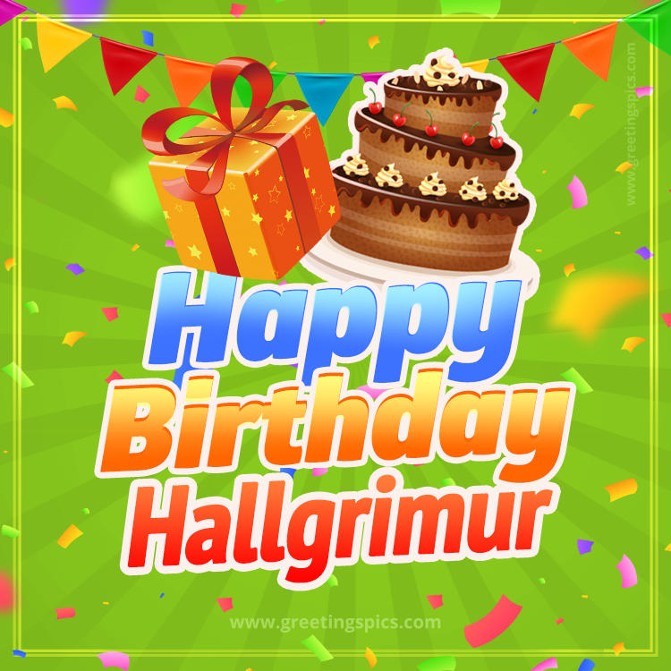 Happy Birthday Hallgrimur picture with flags, chocolate cake and gift box (square shape image)