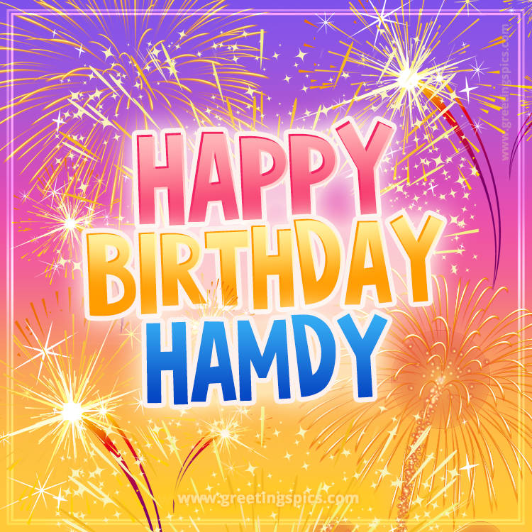 Happy Birthday Hamdy Picture with fireworks (square shape image)