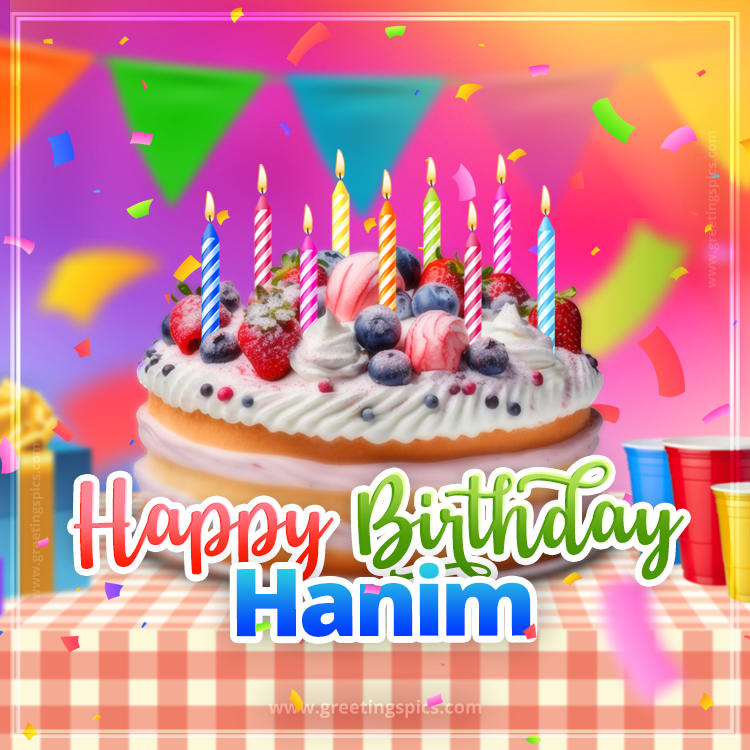 Happy Birthday Hanim Colorful Image with fruit cake and candles (square shape image)