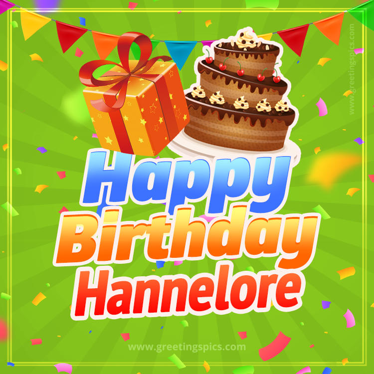 Happy Birthday Hannelore picture with flags, chocolate cake and gift box (square shape image)