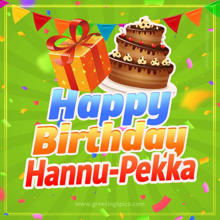 Happy Birthday Hannu-Pekka picture with flags, chocolate cake and gift box (square shape image)