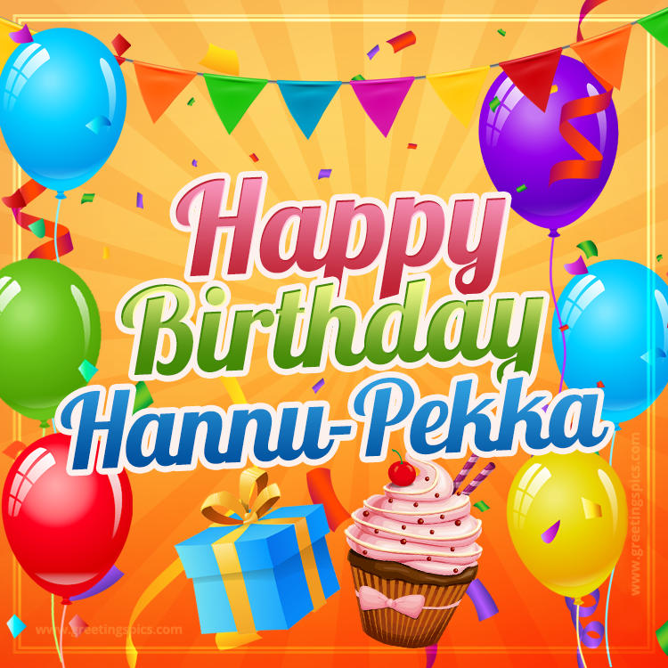 Happy Birthday Hannu-Pekka eCard with gift box and cupcake (square shape image)