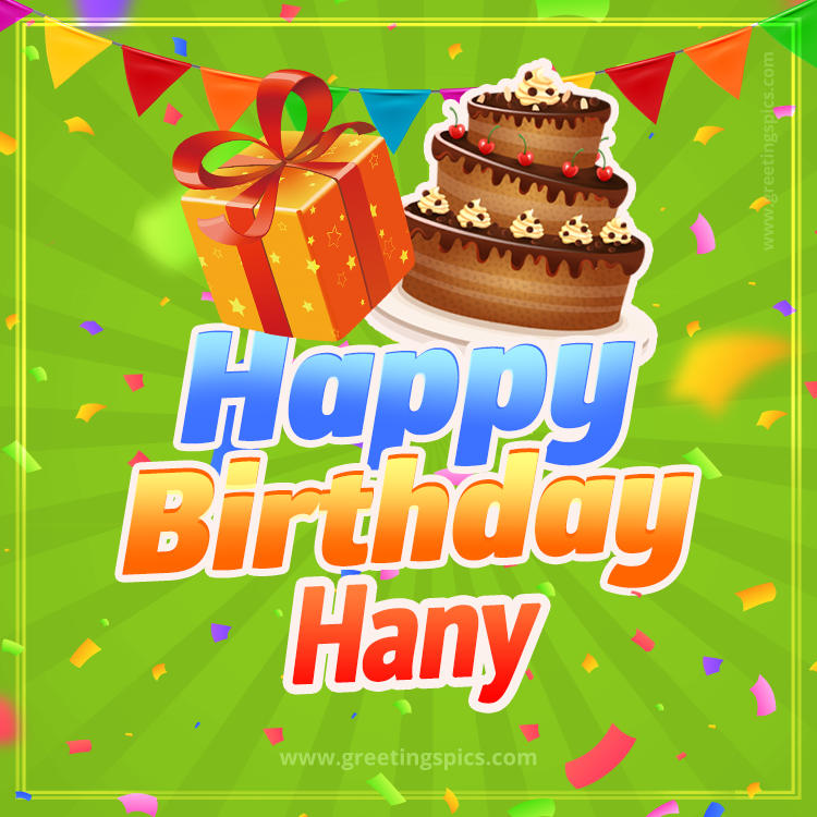 Happy Birthday Hany picture with flags, chocolate cake and gift box (square shape image)