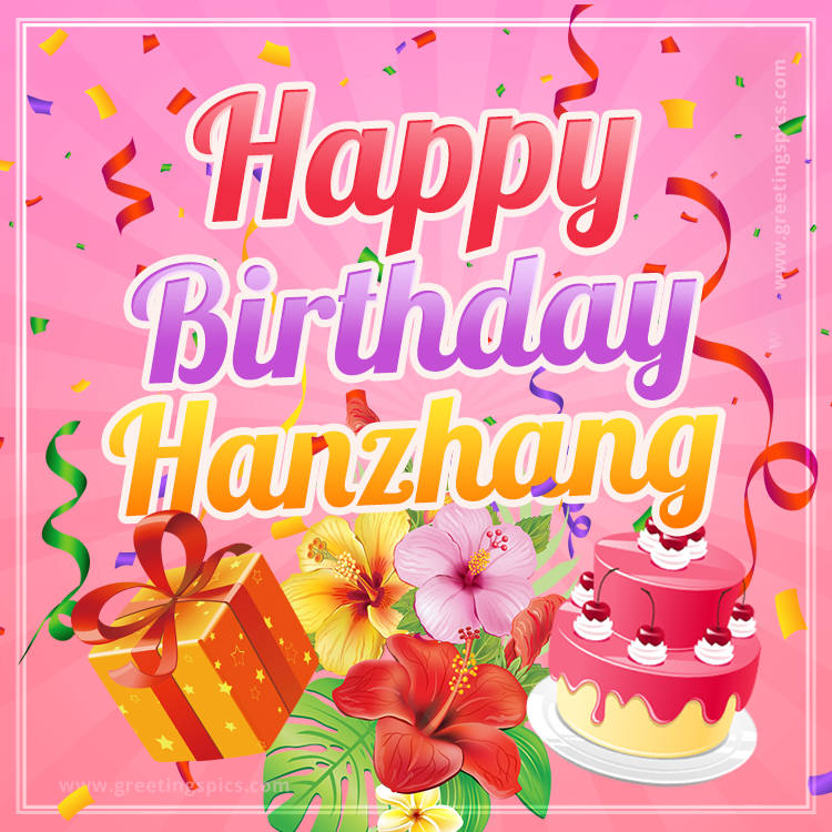 Beautiful Birthday Card for Hanzhang with Cake and bouquet of flowers (square shape image)