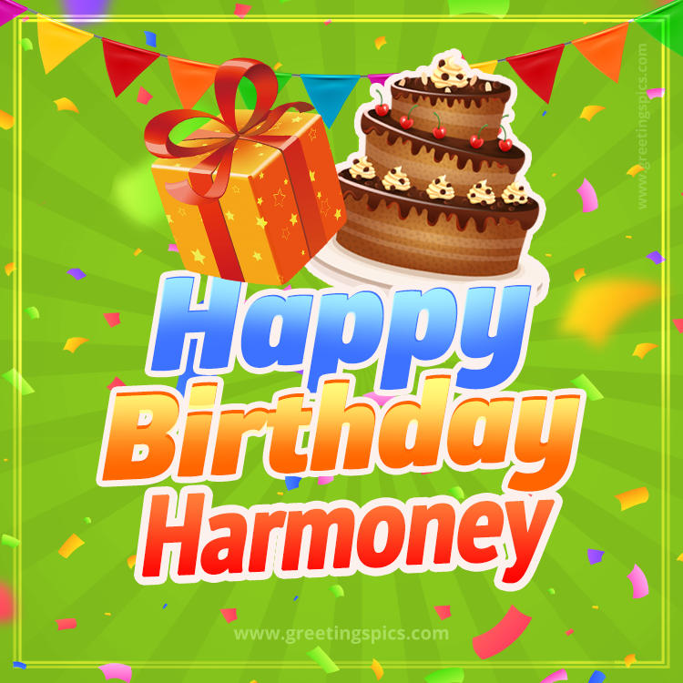 Happy Birthday Harmoney picture with flags, chocolate cake and gift box (square shape image)