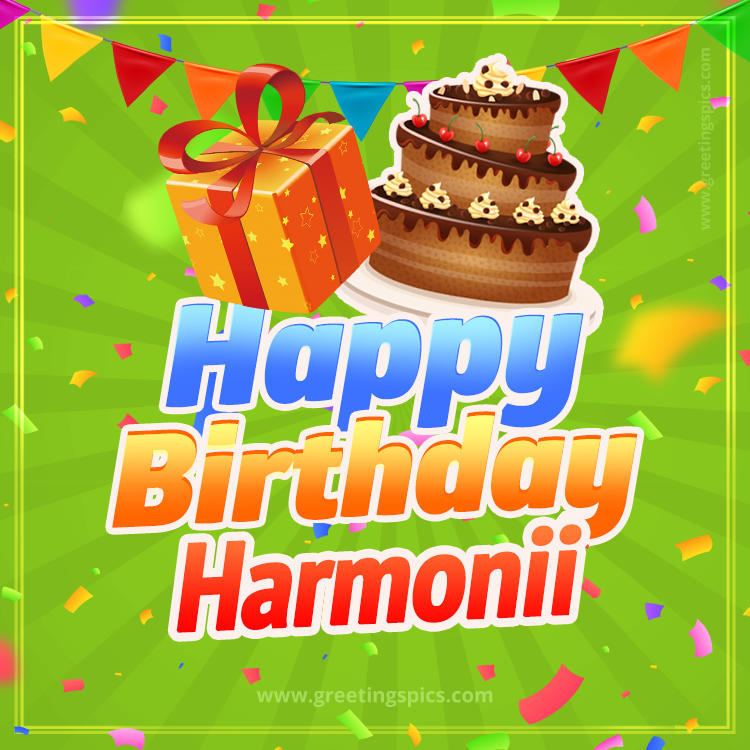 Happy Birthday Harmonii picture with flags, chocolate cake and gift box (square shape image)